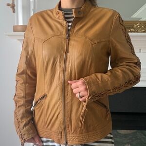 Scully soft Leather Western Braided studs‎ Camel Tan Jacket size L vintage